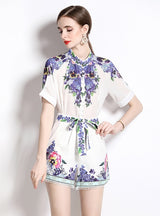 Chiffon Retro Printed Short-sleeved Shirt+Shorts Two-piece Suit