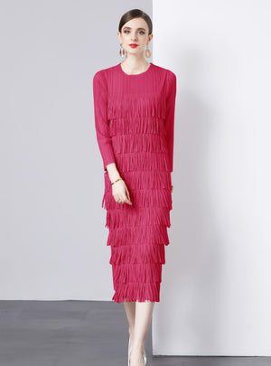 Long Sleeve Cake Pleated Fringed Dress