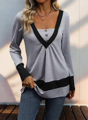 Solid Color Long Sleeve Color Matching T-shirt