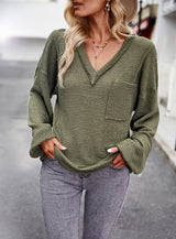 Solid Color V-neck Long Sleeve Top