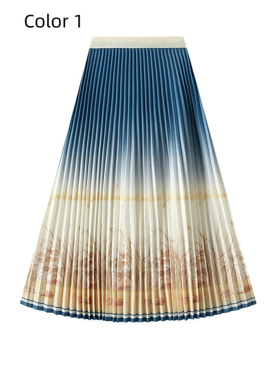 High Waist Slim Printed Pleated Skirt