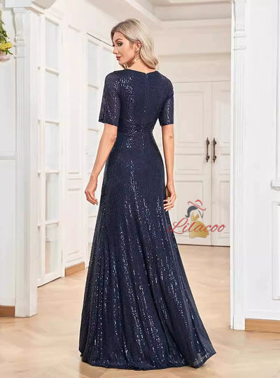 Navy Blue Sequins V-neck Short Sleeve Prom Dress