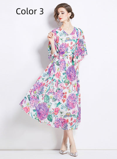 Retro Printed V-neck Five-point Sleeve Loose Dress