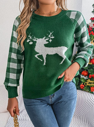 Leisure Plaid Deer Long Sleeve Sweater