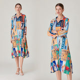 Printed Pleated Single-breasted Long Dress