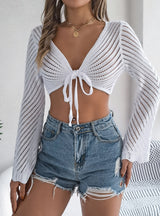 Hollow Striped Lace-up Long-sleeved Shirt