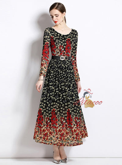 Women Print Long Sleeve Long Dress