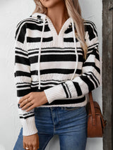 Striped Pullover Hooded Drawstring Knit Top Sweater