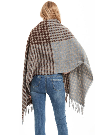 Brown Houndstooth Scarf Fringed Shawl