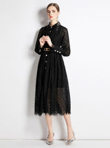 Hollow Lace Long Sleeve Black Dress