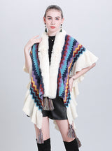 Colored Striped Scarf Fur Ball Shawl Cloak