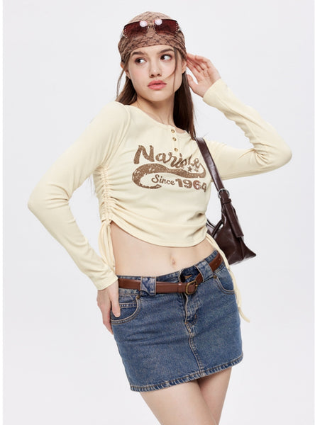 Drawstring Tie Round Neck Letter Long Sleeve T-shirt