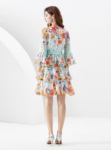 Printed Ruffled Short Flared Sleeve Dress