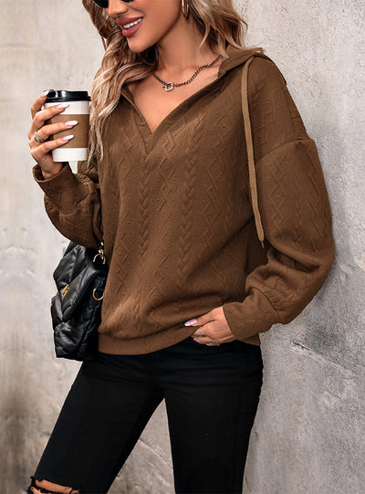 V-neck Loose Drawstring Hooded Pullover Top