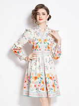 Vintage Printed V-neck Lantern Sleeve Slim Dress