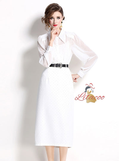 Bubble Sleeve Rhinestone Shirt High Waist Skirt Suit