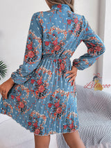 Flower Silm Waist Long Sleeve Pleated Dress