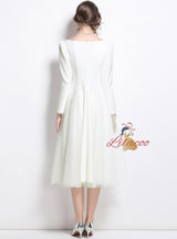 Square Neck Puff Sleeve Stitching Mesh Dress