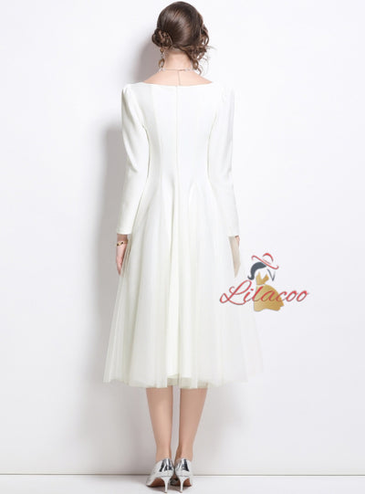 Square Neck Puff Sleeve Stitching Mesh Dress