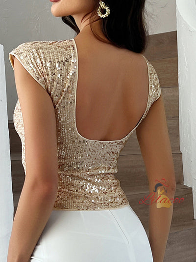 Sexy Backless Sequined Short-sleeved Shirt