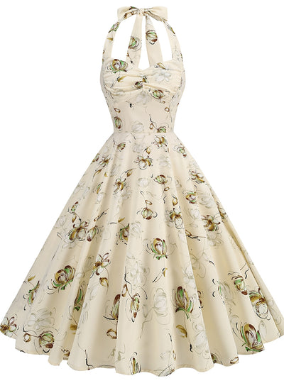 Retro Hepburn Rose Print Halter Dress