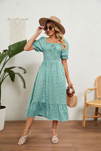 Pleated Short Sleeve Square Neck Plaid Dress