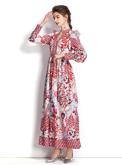 V-neck Retro Long-sleeved Printed Dress