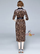 Leopard Long Sleeve Vintage Dress with Belt