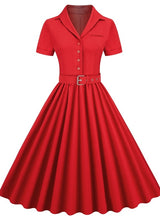 Retro Solid Color Belt Button Dress