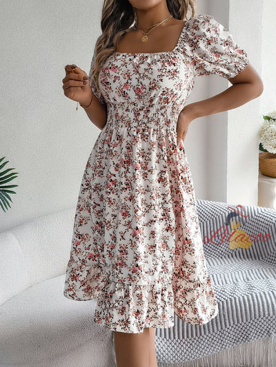 Broken Flower Square Collar Short Sleeve Dress