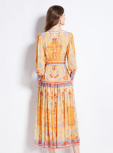 Chiffon V-neck Lantern Sleeve Printed Dress