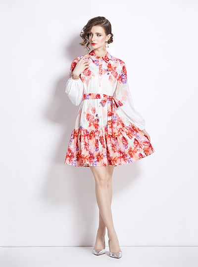 Retro Printed Lantern Sleeve Dress