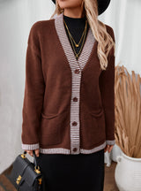 Striped Loose Leisure Pocket Sweater Coat