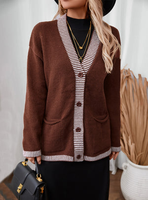 Striped Loose Leisure Pocket Sweater Coat