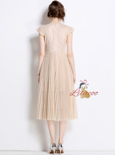 Lace Embroidered Pleated Long Dress