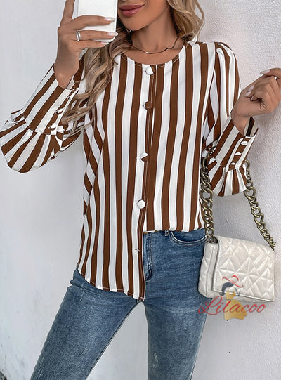 V-neck Single-breasted Striped Long-sleeved Shirt