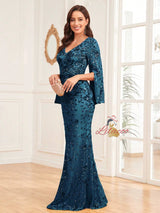 Blue Mermaid Sequins V-neck Prom Dress