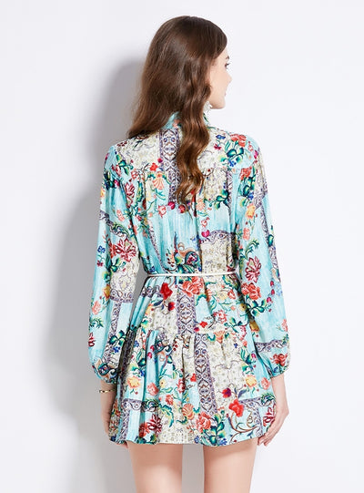 Printed Long-sleeved Retro Short Dress