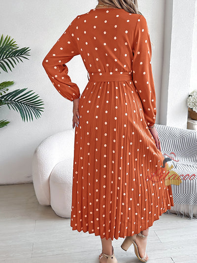 V-neck Pleated Polka Dots Long Dress