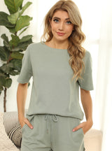 Short Sleeve Solid Color Casual Waffle Two-piece Suit