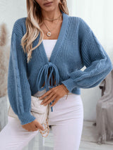 V-neck Loose Solid Color Short Lace-up Sweater