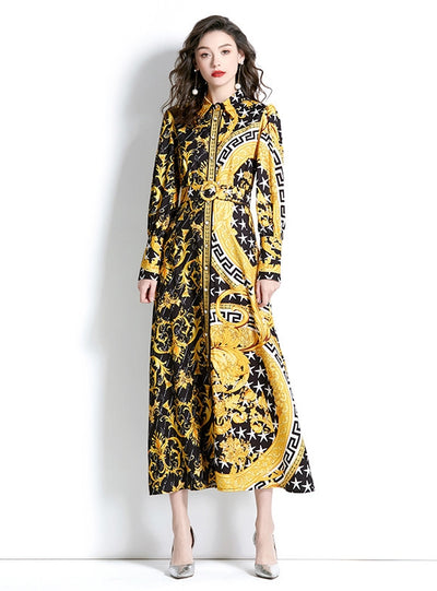 Retro Lapel Lantern Sleeve Long Printed Dress