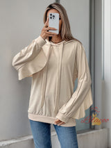 Drawstring Hooded Ruffled Pocket Solid Color Top