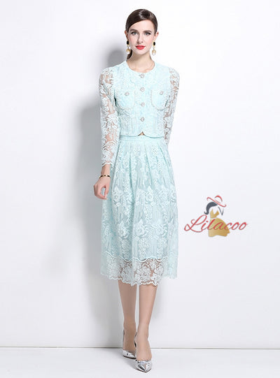 Long Sleeve Lace Skirt Two-piece Suit