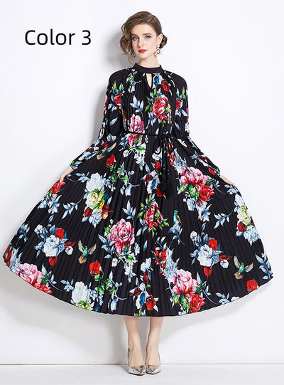 Printed Lantern Sleeve Pleated Tassel Belt Dress