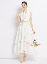 Solid Color Long Stand-up Collar Sleeveless Openwork Dress