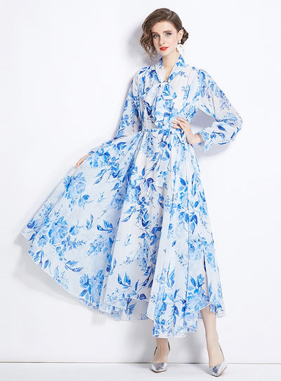 Retro Chiffon Printed Long Sleeve Slim Dress