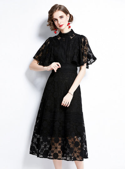 Slim Black Lace High Neck Dress