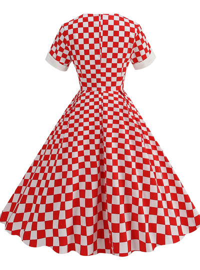 Women Short Sleeve Checkerboard Red Dress