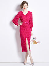 V-neck Long-sleeved Lace Dress